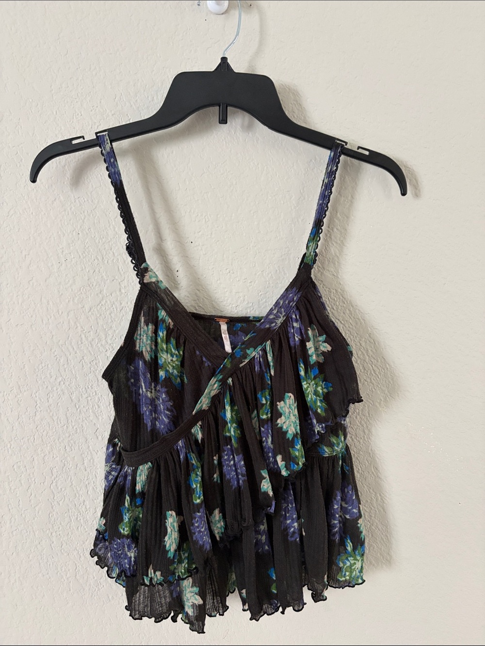 Free People Black Floral Tiered Ruffle Cami in Blue-Green Print
